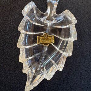 New Old Stock Zajecar 24% Lead Crystal Leaf Trinket Dish Made in Yugoslavia